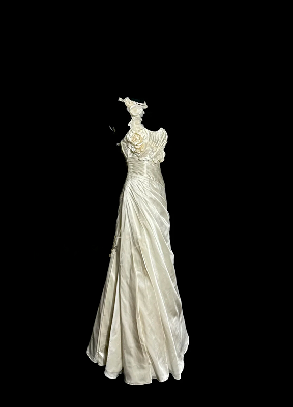 Apricot-colored one-shoulder 3D floral dress with a fitted waist and pleats, long ball gown R6668