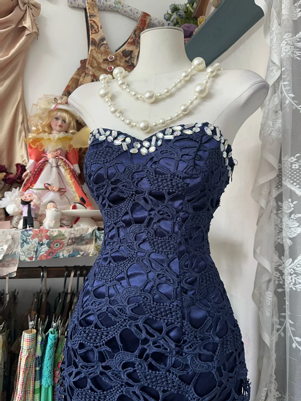 Navy blue strapless, fitted, bodycon fishtail gown, sexy ball gown R6347