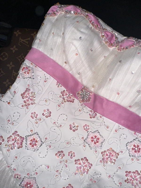 White strapless, fitted A-line long ball gown R6987