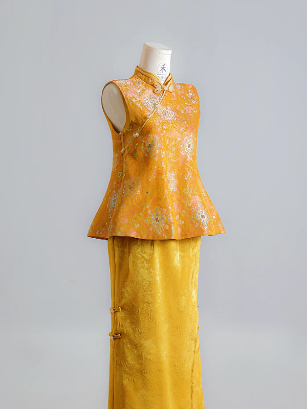 Gold Chinese-style neckline fitted top and skirt set, ball gown, bridal dress R8134