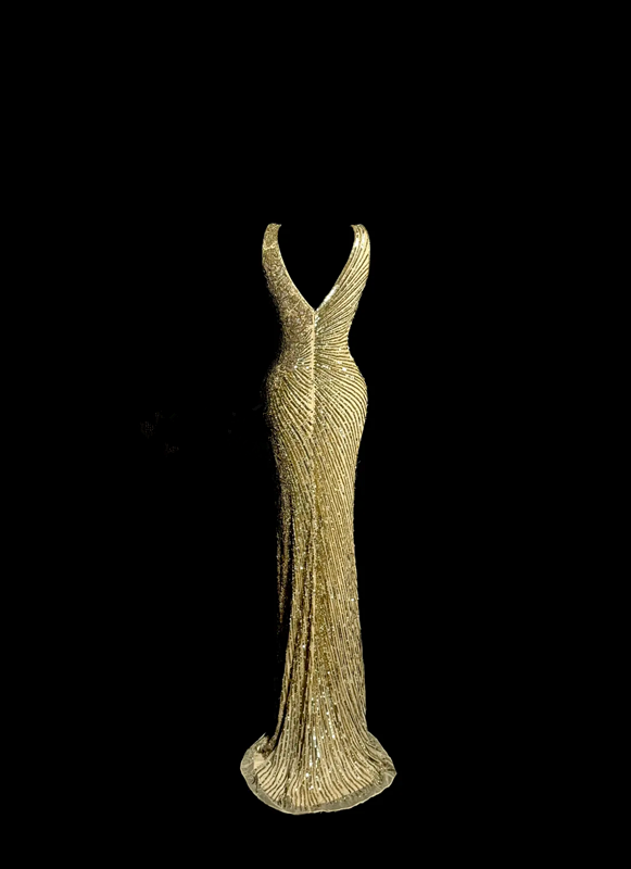 Gold halter-neck beaded fitted waist sexy long ball gown R6628