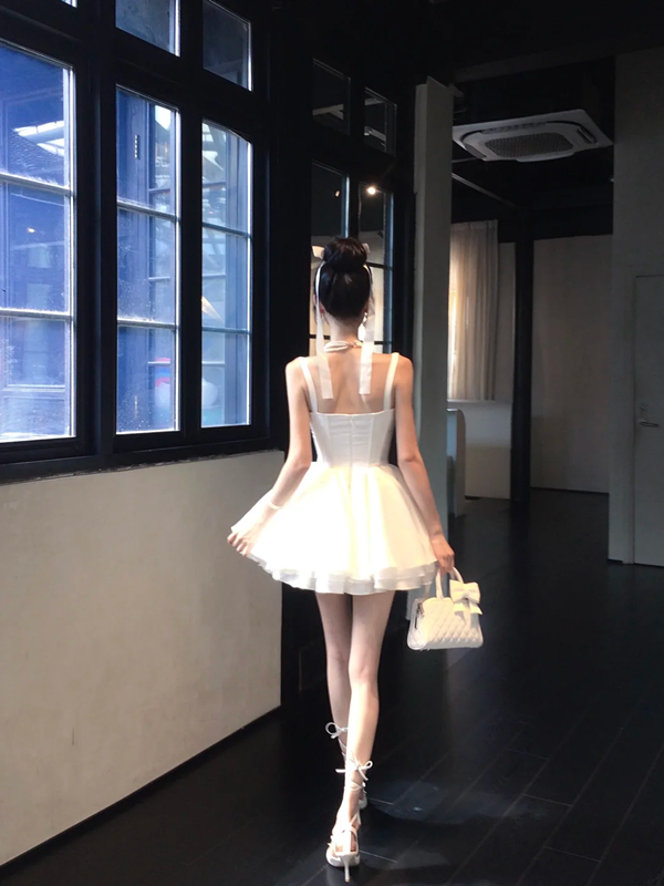 White suspenders waist sexy puffy skirt homecoming dress R5057
