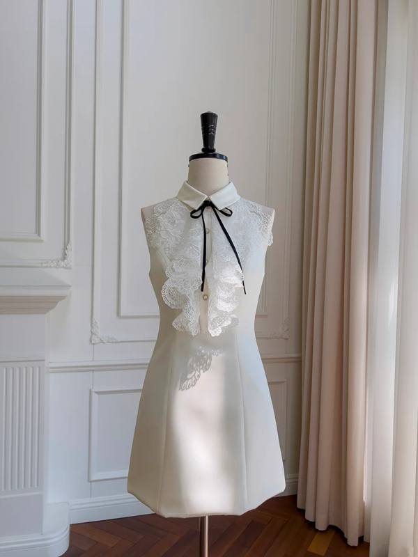 White lace neckline design slim waist A-line short skirt homecoming dress R5017