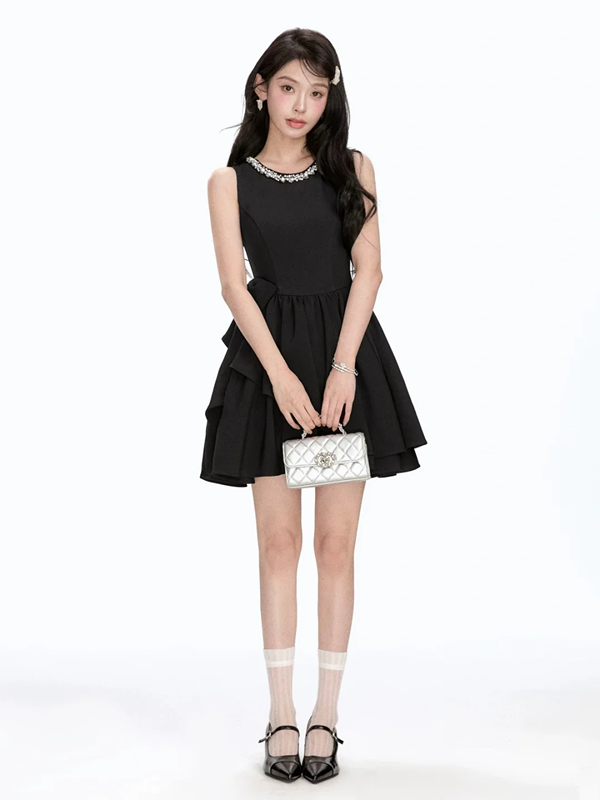 Black sleeveless slim waist A-line short skirt homecoming dress R5278