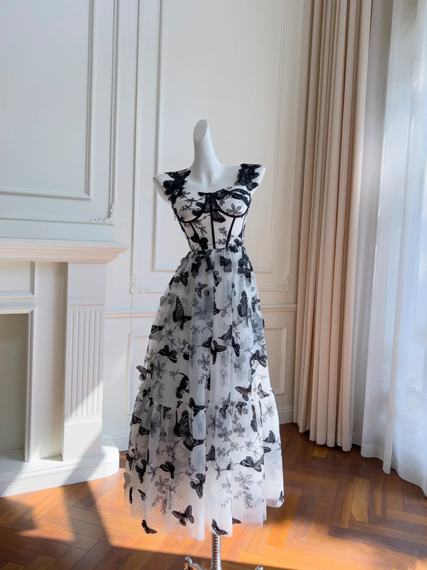 Butterfly Print Strapless High-Waisted Temperament Long Skirt Homecoming Dress R5095