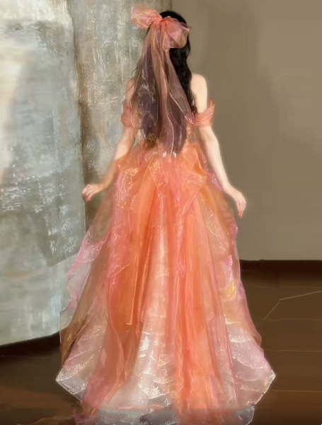 Tulle Glitter Hazy Corset Prom Gown , Orange Women's Maxi Birthday Dress Party Dress RS2508