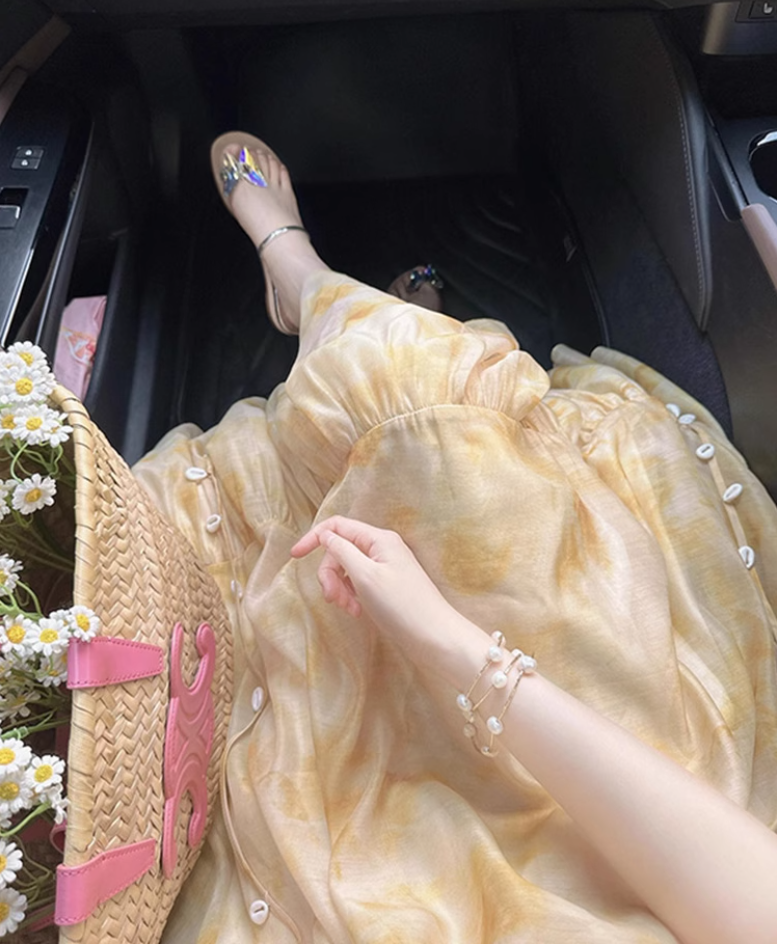 Tea break French gentle style platycodon yellow sling dress temperament slim long skirt R1642