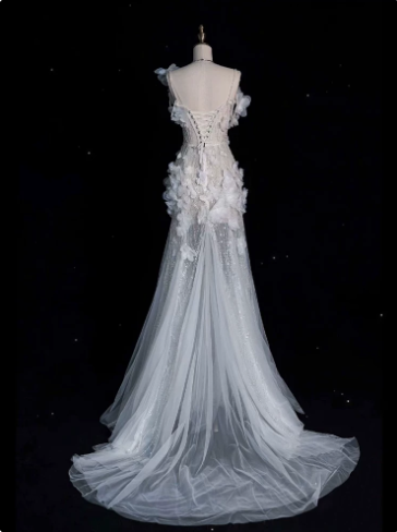 Elegant Pale Blue Mermaid Spaghetti Straps Embroidery Bodycon Maxi Quinceanera Dress Evening Dress RS336