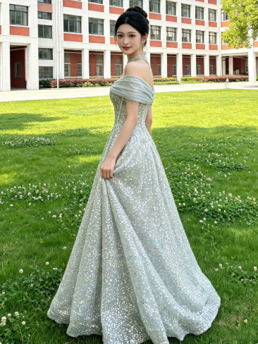 French Chic Mint Green A-Line Bateau Sequin Corset Maxi Quinceanera Dress Evening Dress RS338