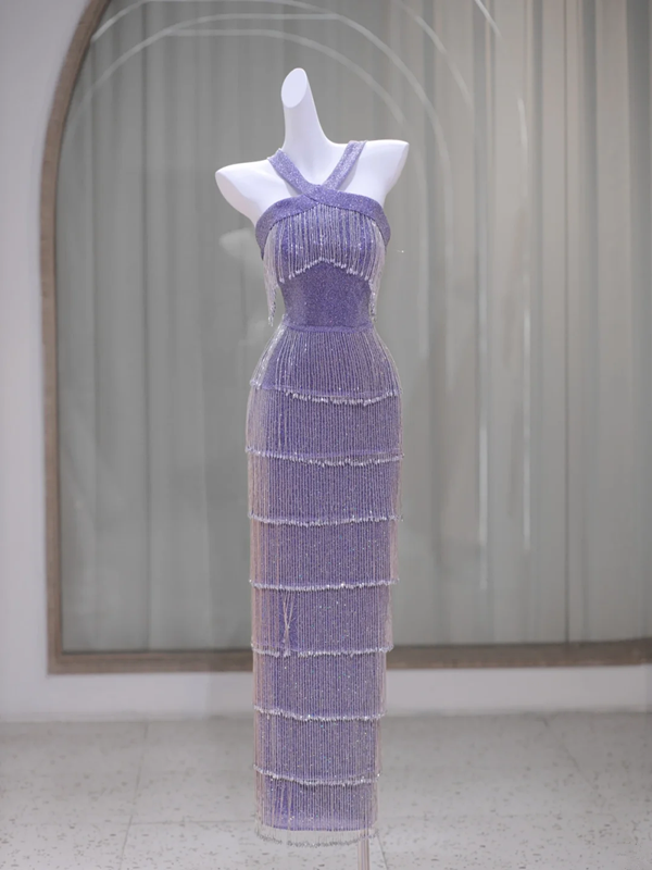 Purple halterneck slim waist tassel sexy hip-hugging prom dress bridal gown R5870