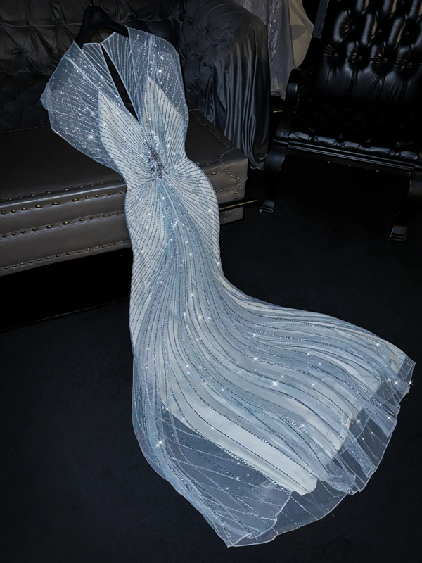 Light blue sleeveless fitted long sexy ball gown, bridal dress R8755