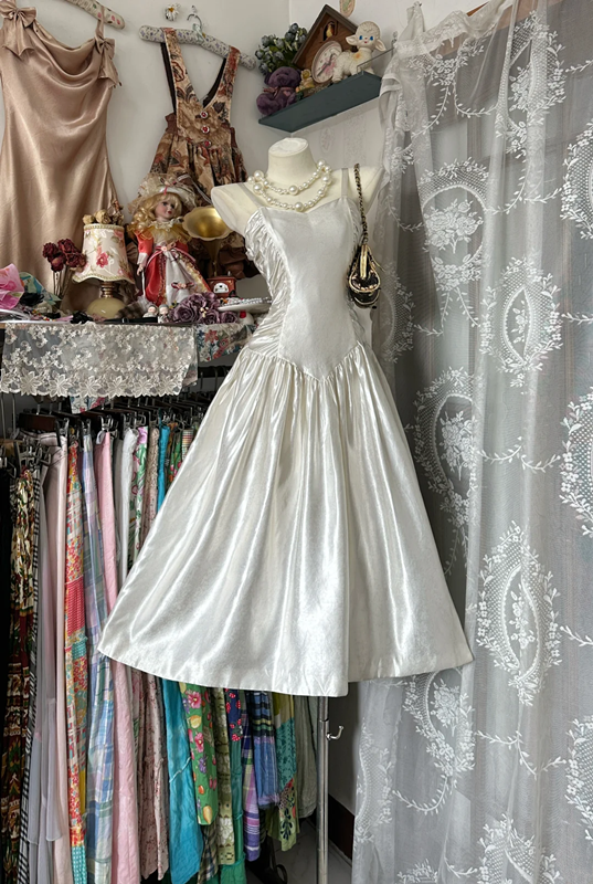 White satin suspenders waist slim fit sexy A-line skirt ball gown R6149