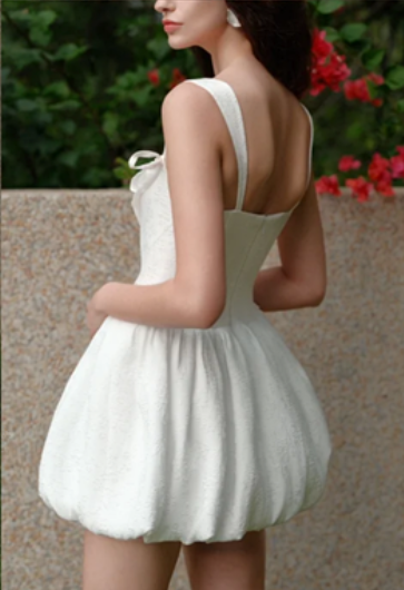 White suspenders, slim waist, flower bud skirt, homecoming dress R4730