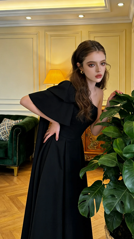 Black one-shoulder, fitted waist, A-line long ball gown R8601