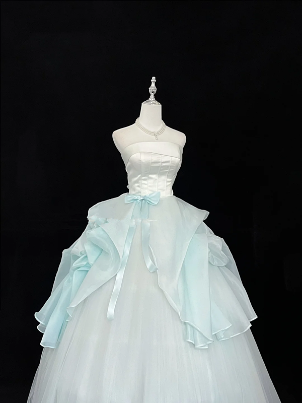 White strapless fitted waist, light green tulle skirt, long ball gown R9055