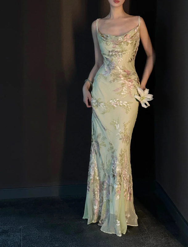 Light green spaghetti‑strap printed waist‑cinched slim‑fit sexy bodycon long prom gown R8014