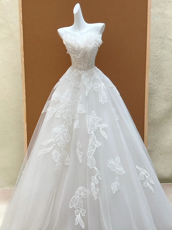 White tube top slim waist A-line puffy long dress bridal gown R5756