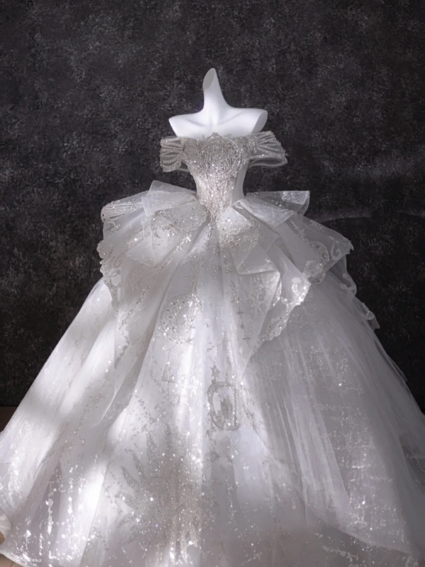 White one-shoulder diamond slim waist puffy skirt dress bridal gown R5832