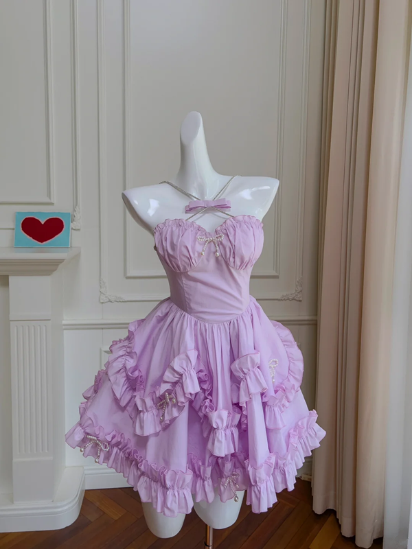 Purple halter neck slim waist cake puffy princess dress homecoming dress R5198