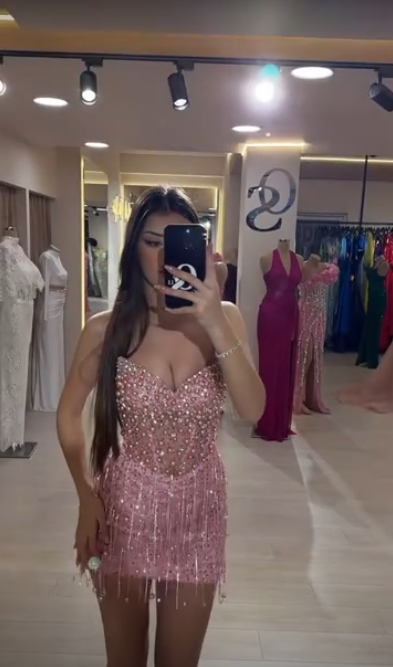 Pink tube top waist glitter diamond sewn beaded hip skirt homecoming dress R5478