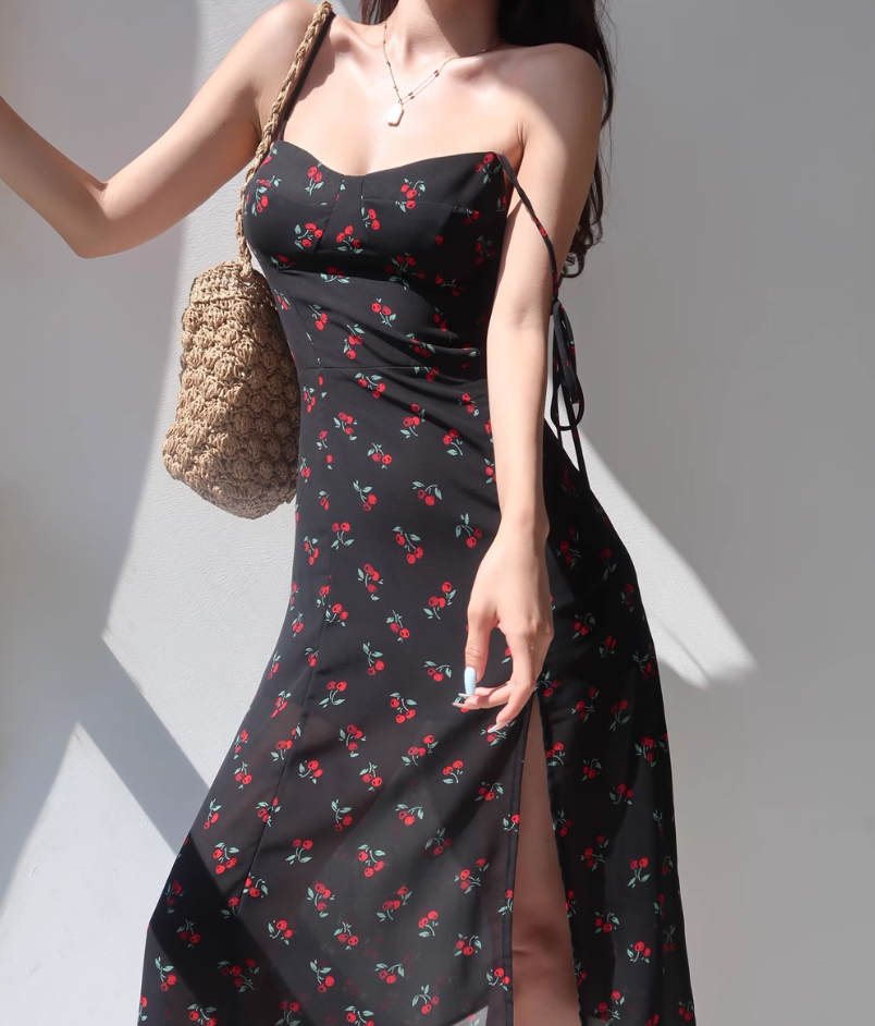 European and American cherry floral suspender dress sexy waist side slit long skirt R2808