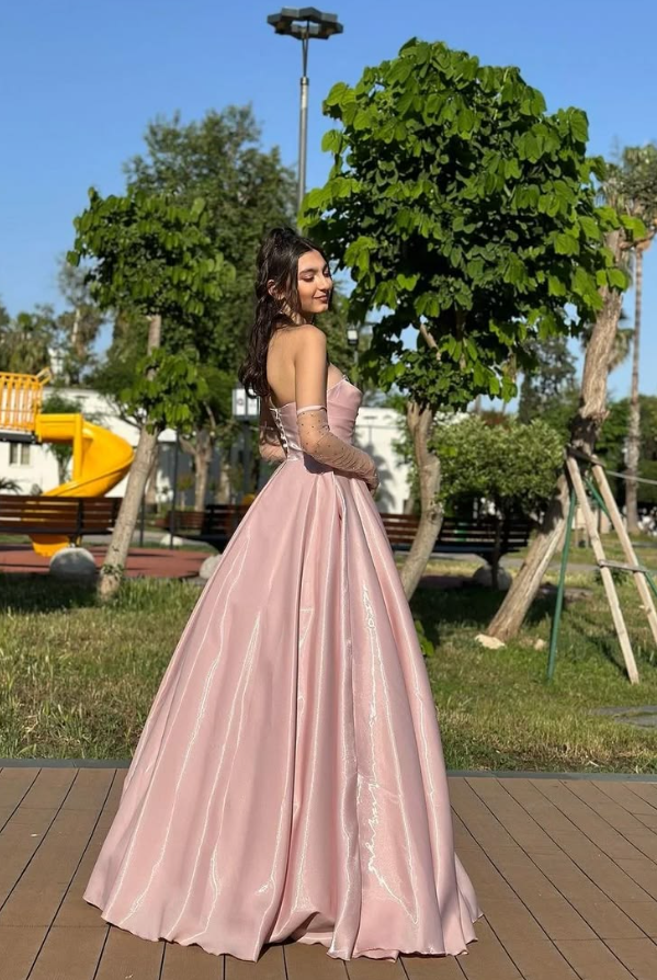 Girlish Silky Sweetheart Prom Gown Pink Women's Corset Maxi Birthday Dress Evening Dress RS2936