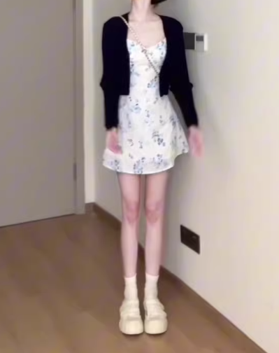 Gentle temperament blue suspender dress beautiful unique waist A-line short skirt R0861