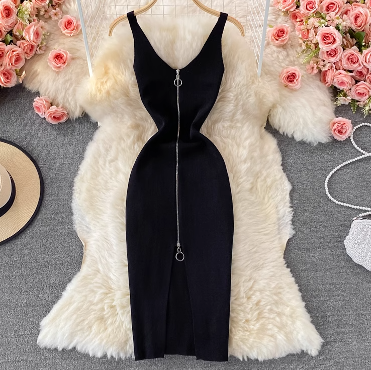Elastic tight knitted vest skirt new summer style temperament V-neck zipper slit feminine hip dress R0368
