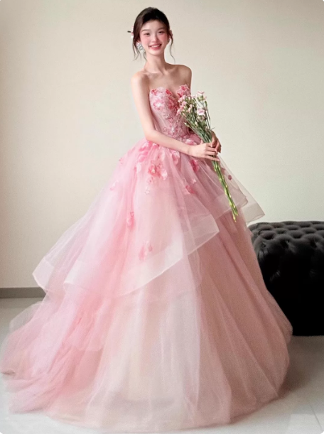 Sweet Pink Ball Gown Strapless Applique Corset Maxi Evening Dress Birthday Dress RS347