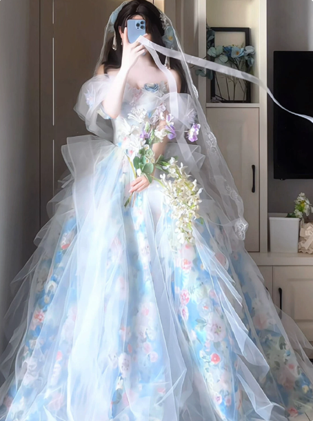 Elegant Pale Blue Floral Ball Gown Strapless Organza Corset Maxi Evening Dress Birthday Dress RS348