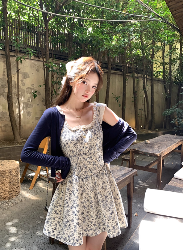 Square neck waist floral suspender dress for women summer French style temperament skirt R4696