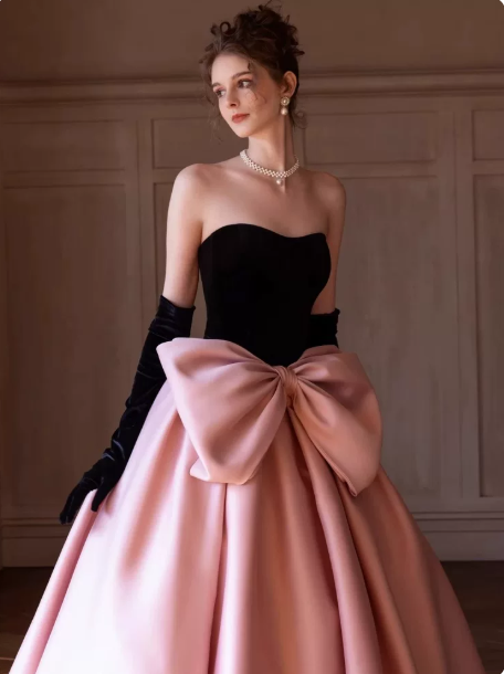 French Chic Blackpink Ball Gown Strapless Bow waist Ornament Corset Maxi Evening Dress Birthday Dress RS349