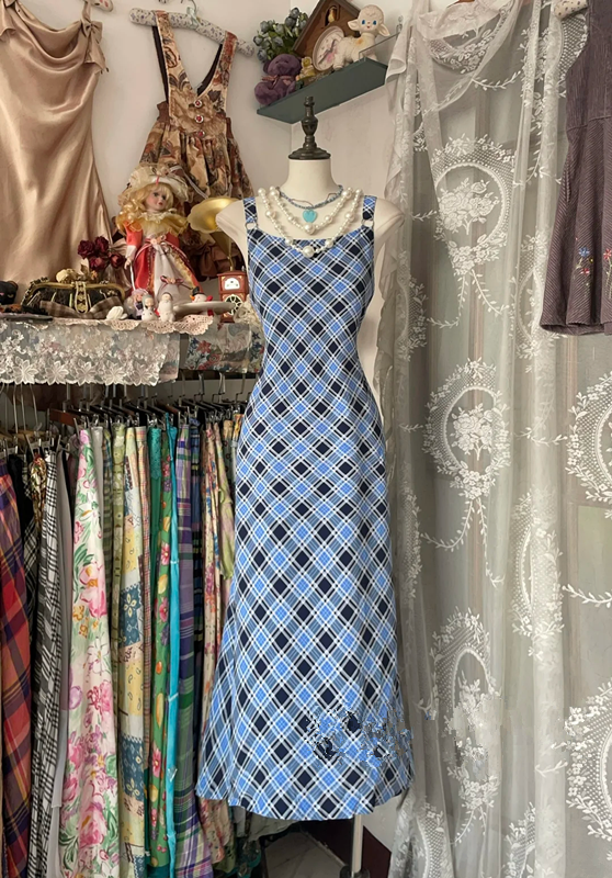 Blue plaid halter-neck straight-cut maxi dress, prom dress R6270