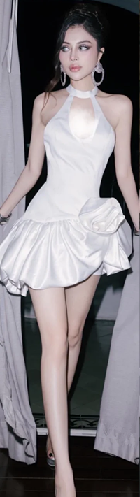 White halterneck satin slim waist bud skirt short skirt homecoming dress R4651