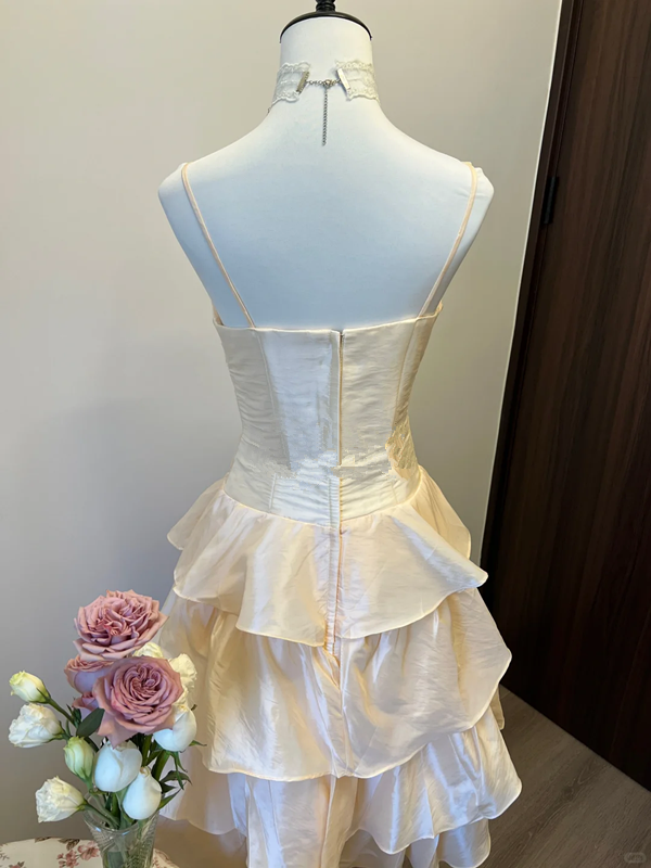Champagne pink suspenders waist pleated satin slim fit sexy cake mid-length skirt homecoming dress R4328