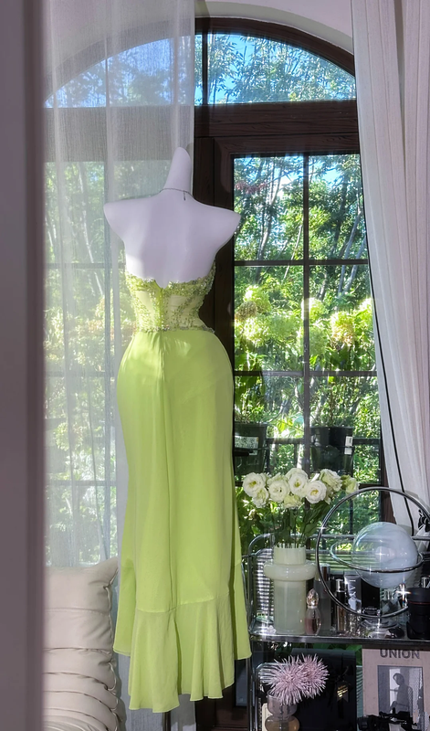 Light green strapless, fitted waist, rhinestone-embellished, sexy long ball gown R7745