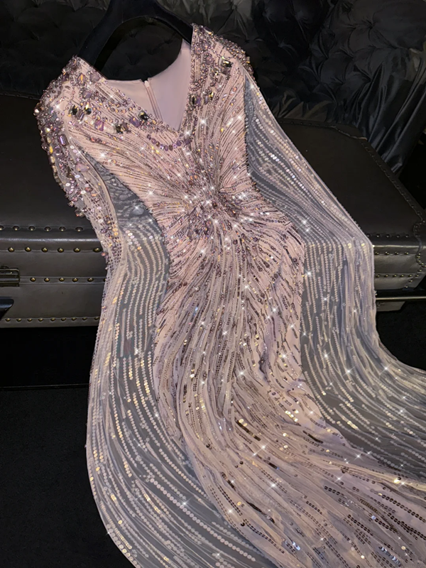 Light pink V-neck sleeveless fitted long sexy ball gown, bridal dress R8756