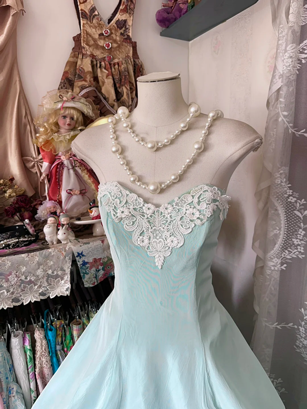 Light blue tube top slim waist A-line long skirt ball gown R6191