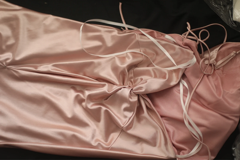Light pink halter-neck, fitted waist, sexy long satin ball gown R6789