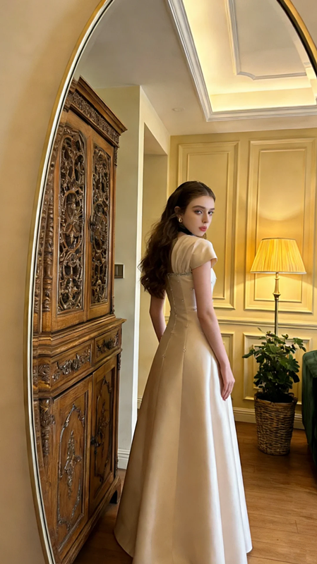 Light champagne-colored fitted A-line long ball gown R8572