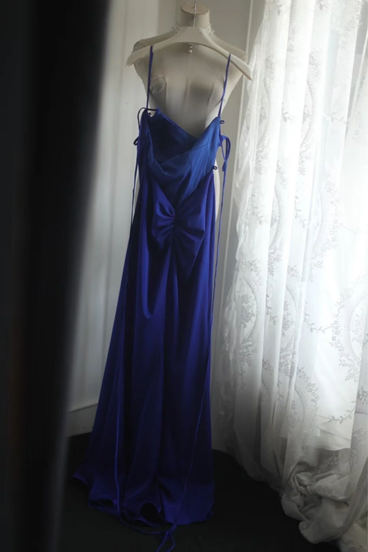 Blue halter-neck backless sexy fitted long ball gown R6710
