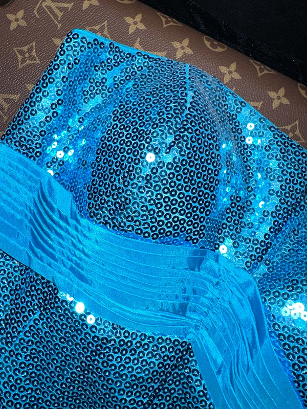 Blue strapless sequined fitted long ball gown R6989