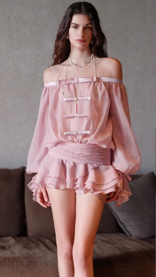 Pink one-shoulder gentle long-sleeved loose fashionable mini skirt homecoming dress R4731
