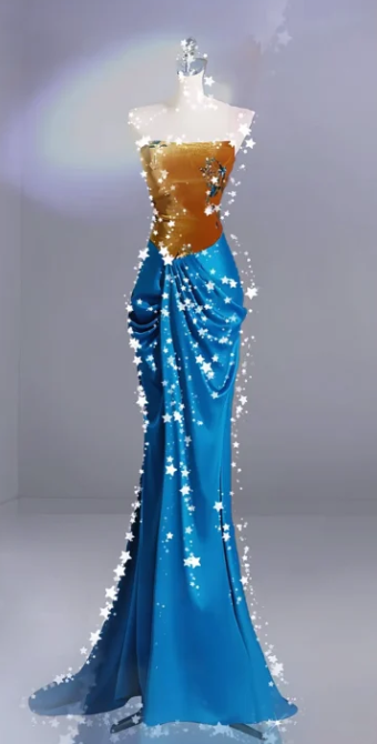 Brown Strapless Top with Blue Bodycon Skirt Ball Gown R7148