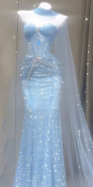 Light blue strapless, fitted waist, bodycon sexy long ball gown R6428