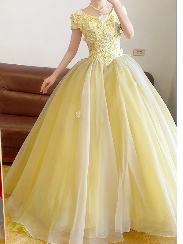 Pale Yellow Square-neck Waist-Cinched Puff-Skirt Ball Gown & Bridal Gown R7391