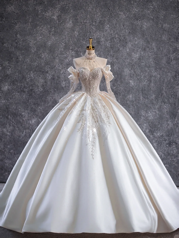 White halterneck sequined waist slim fit puffy skirt long bridal dress R5793