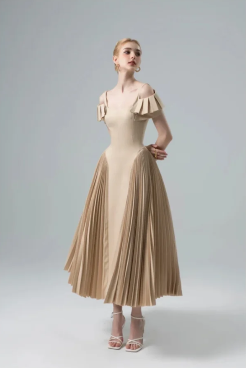 Brown strap one-shoulder waist slim fit A-line temperament generous long skirt homecoming dress R4773
