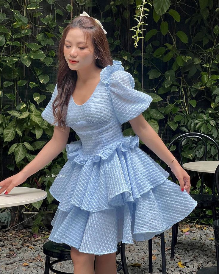 Blue princess dress with puff sleeves, slim waist and short skirt for homecoming R3475