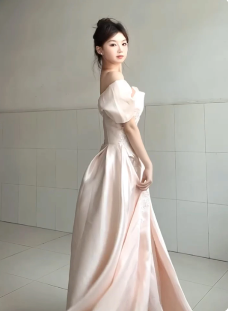 Cute Pink A-Line Portrait Embroidery Maxi Evening Dress Birthday Dress RS351